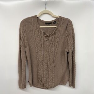 Jeanne Pierre Women XL Brown Cable Knit Lace Up V Neck Sweater